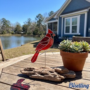 Cardinal Glass Plant Stake, Red Bird Flower Pot Decor, Memorial Garden Gift