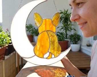 Personalized French Bulldog Stained Glass Suncatcher, Custom Name Handmade Dog on the Moon Window Hanging