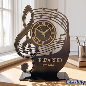 Personalized Metal Music Desk Clock, Custom Office Decor, Music Teacher Gift
