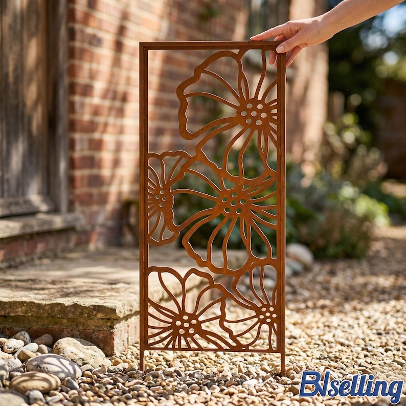 A hand is holding a decorative metal screen with a floral pattern, placed on a gravel path in a garden setting.