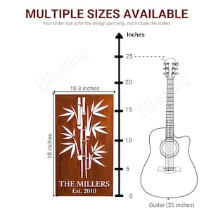 a wooden sign with a bamboo design, along with a guitar illustration. The sign is labeled "The Millers" and "Est. 2010", and the guitar is labeled as "25 inches" in size. The image is described as a collage of multiple images, and the text indicates that the order size is for the design part only, not include the stakes.