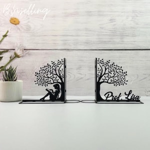 Custom Girl Reading Under Tree of Life Bookend, Personalized Black Metal Book Holder, Book Nook Office Decor, Gift for Book Lovers