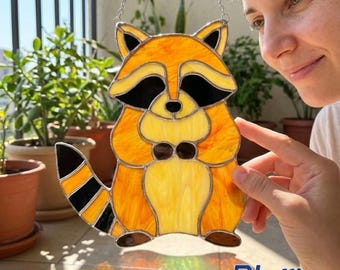 Personalized Raccoon Stained Glass Suncatcher, Custom Name Handmade Animal Window Hanging Nursery Decor