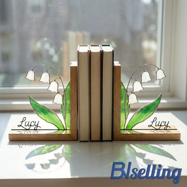 Stained Glass Bookends: Lily of the Valley Flowers - Custom Names