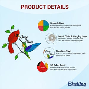 May include: Stained glass art featuring a red cardinal and a blue, green, and yellow hummingbird perched on a branch. The artwork includes the names "Jame & Oliver" and details about the materials used, including stainless steel and 3D relief paint.