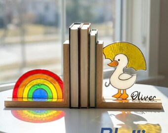 Sujetalibros de pato arcoíris: Arte artesanal en vidrieras (tamaños personalizados de 5 a 11 pulgadas)