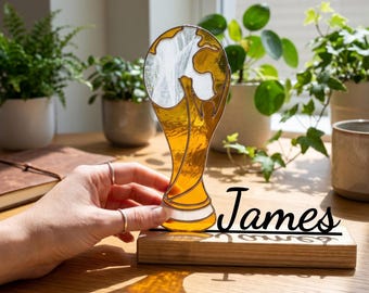 Decoración de escritorio personalizada con forma de trofeo de la Copa del Mundo en vidrieras, regalo de fútbol personalizado