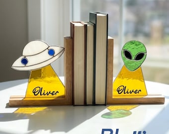 Sujetalibros de vidrio con diseño de OVNI personalizado, con nombre personalizado, nave espacial extraterrestre, hecho a mano.