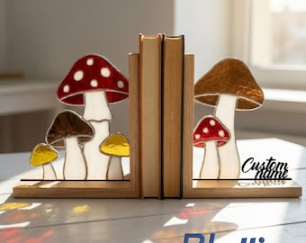 Sujetalibros de vidrio con forma de hongo personalizado, soporte de biblioteca de vidrio con nombre personalizado, regalo de estantería hecho a mano