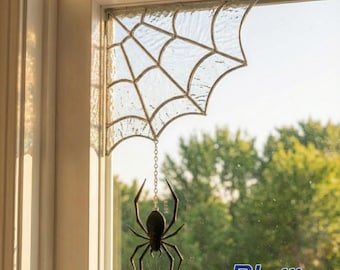 Atrapasueños de vitral de esquina de telaraña personalizado, arte gótico de vidrio hecho a mano con nombre personalizado