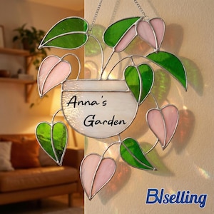 Personalized Pink Philodendron Stained Glass Suncatcher, Custom Heart Leaf Plant Window Hanging Handmade Decor