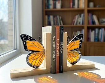 Personalized Monarch Butterfly Stained Glass Bookends, Custom Name Handmade Book Holder Decor Gift