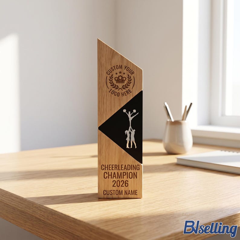 Personalized Cheerleading Trophy, Custom Metal Cheer Award With Oak ...