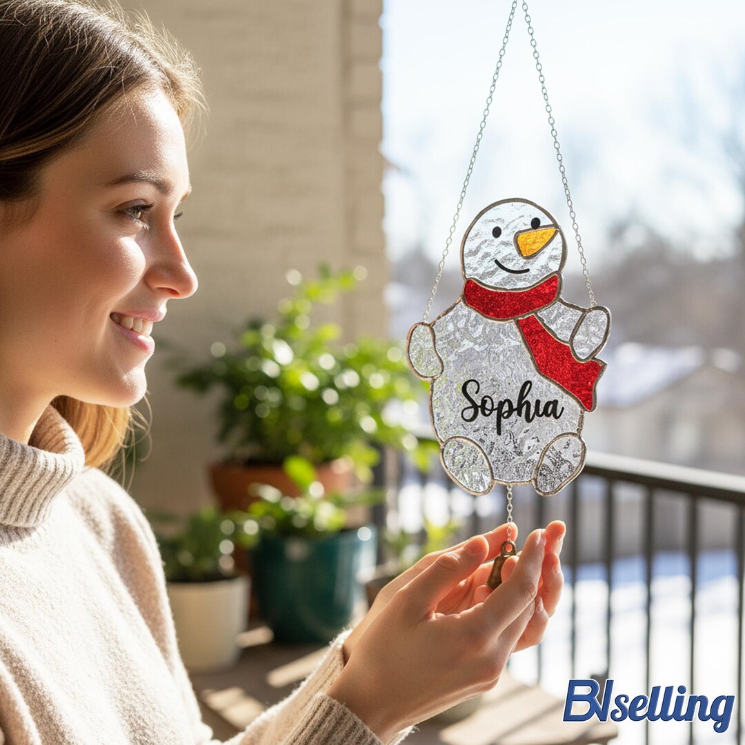 Personalized Snowman Stained Glass Suncatcher, Christmas Window Hanging ...
