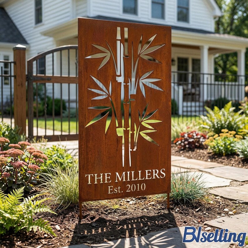 a wooden sign with a bamboo design, standing in front of a house with a garden. The sign has the text "THE MILLERS Est. 2010" on it.