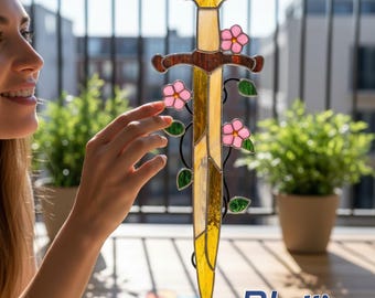 Personalized Floral Sword Stained Glass Suncatcher, Custom Name Handmade Gothic Glass Art
