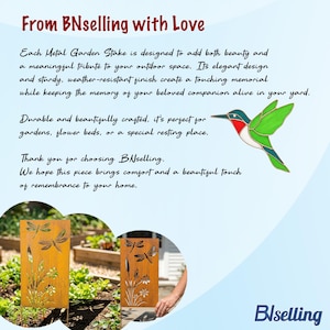 The image is a collage featuring a metal garden stake with a bird design, a person's hand holding the stake, and a close-up of the garden stake. The text on the image is too long and repetitive, and it does not provide enough information to describe each element individually.