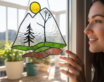 Personalized Mountain Stained Glass Suncatcher, Custom Nature Decor