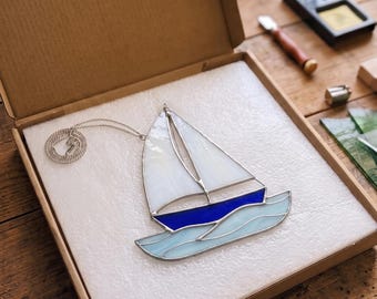 Sailboat Stained Glass Suncatcher, Handmade Nautical Window Hanging Art, Sailing Decor Gift for Boat Owner and Dad