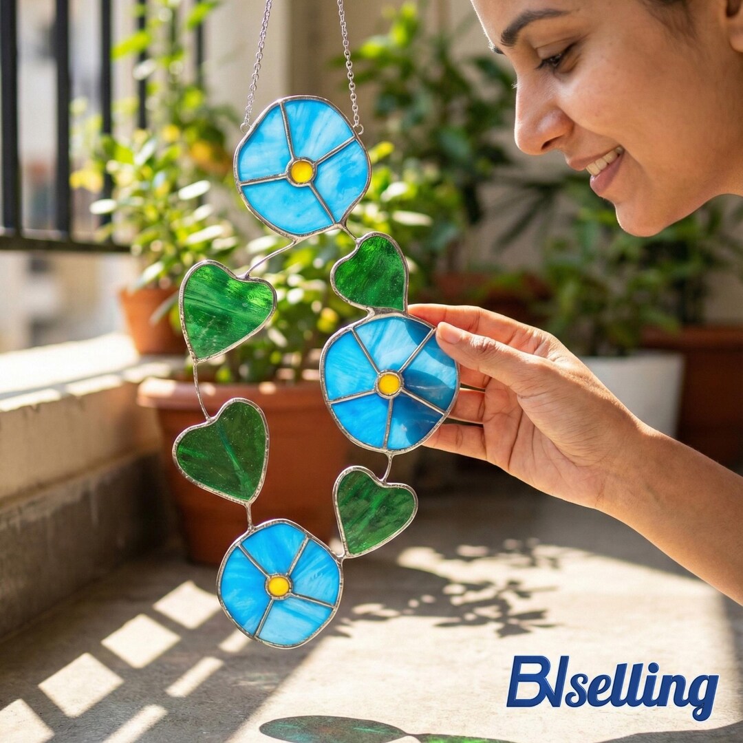 Personalized String of Hearts Morning Glory Stained Glass Suncatcher ...