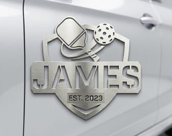 Emblema personalizado de pickleball para coche, placa metálica personalizada para automóvil, regalo para el Día del Padre