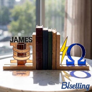 Gepersonaliseerde boekensteun van gebrandschilderd glas voor elektrotechnici, handgemaakt cadeau voor afgestudeerde elektrotechnici
