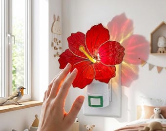 Hibiscus Stained Glass Night Light, Tropical Flower Decor