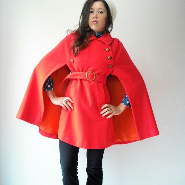 60's Vintage Wool Bright Orange Red Military Poncho Cape Coat with Waist Belt and Pockets