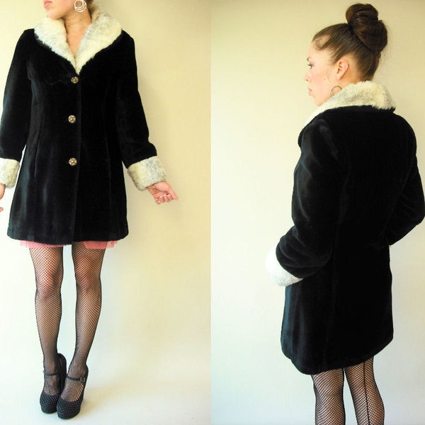 Vintage Rocker Glam Two Tone Faux Fur Coat / Gold Metallic Buttons / Princess Coat