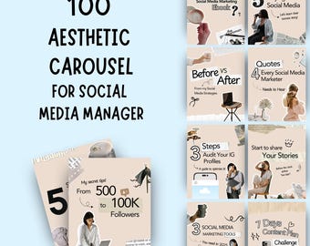 May include: A collage of nine images with pastel pink backgrounds and white text. The images feature tips for social media marketing, including growing your following, auditing your Instagram profiles, and creating content plans. The text includes phrases like "Why You Need This Social Media Marketing Ebook?", "From 500 to 100K Followers", "3 Steps Audit Your IG Profiles", and "7 Days Content Plan Challenge".