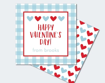 Blue Gingham Heart Valentine Printable / School Valentine / Valentine Gift Tag / Editable Valentine INSTANT DOWNLOAD