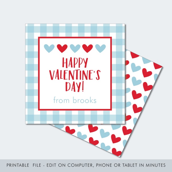 Gingham Heart Valentine Printable: Editable Gift Tag (Instant Download)