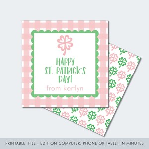 Printable Gingham Shamrock Printable / St. Patrick&#39;s Day Tag / 4 Leaf Clover Tag / Shamrock Gift Tag / Editable St. Patrick&#39;s Day