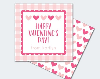 May include: Pink and white gingham patterned printable Valentine's Day card with a scalloped border and the text "Happy Valentine's Day! from kortlyn".
