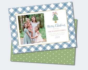 May include: A blue and white gingham Christmas card with a photo of four girls in front of a green tree. The card has a festive Christmas tree illustration and the text "Merry Christmas with love, THE WATSON FAMILY mark, mary, alice, mabry, eloise and anna kate 2024".