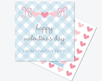 May include: Printable Valentine's Day card with a blue and white gingham pattern. The card says "happy valentine's day" and "FROM TIMOTHY TRIPP". There are pink hearts at the top of the card and a sheet of pink hearts in the corner.