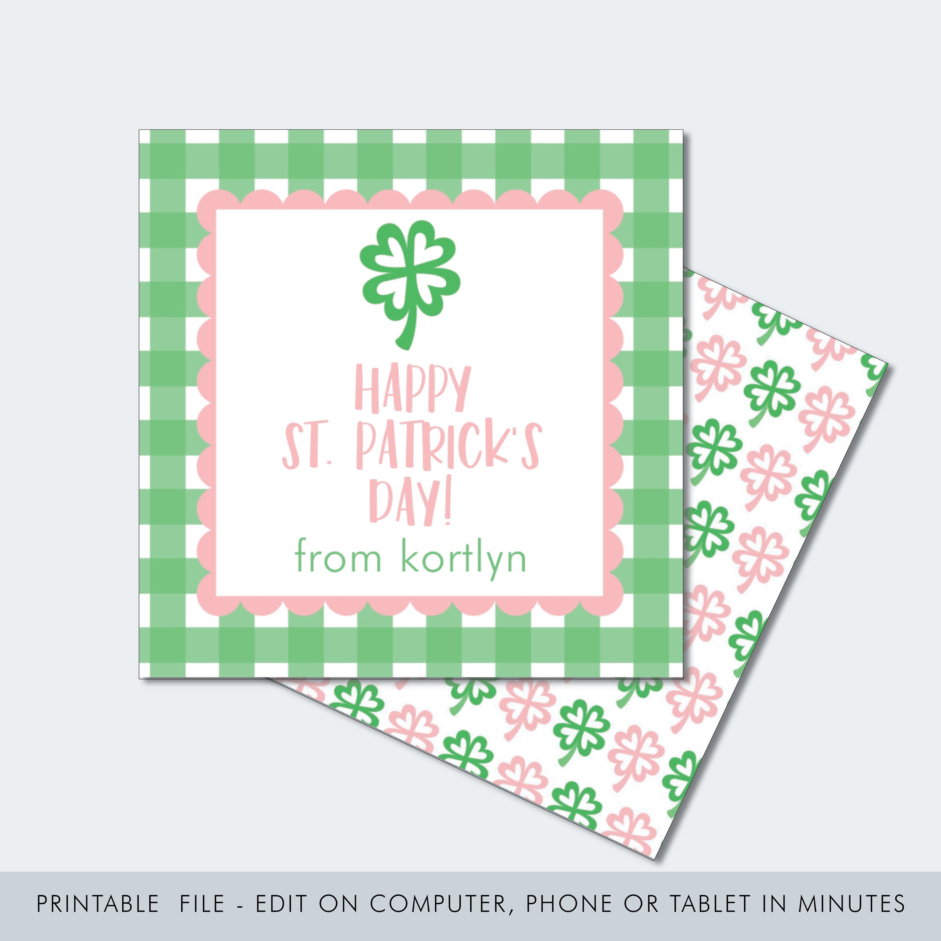 Printable Gingham Shamrock Printable / St. Patrick's Day Tag / 4 Leaf Clover Tag / Shamrock Gift Tag / Editable St. Patrick's Day