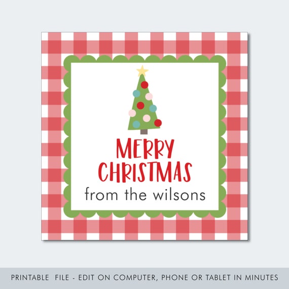 Printable Gingham Christmas Gift Tag: Editable & Personalized (Digital Download)
