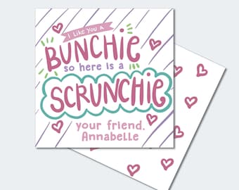 May include: A pink and green card with the text "I Like You A Bunchie so here is a Scrunchie your friend. Annabelle" with pink hearts around the text.