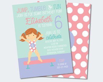 May include: A pink and blue birthday invitation with a cartoon girl gymnast on a balance beam. The invitation says "Jump, Tumble & Run, Join us for some birthday fun! Elisabeth is turning 6. Join us to celebrate Saturday, May 14, 2022 12:30 PM Mountain Brook Gymnastics 3650 Bethune Drive Birmingham, Alabama RSVP to Anna at 205-123-4455"