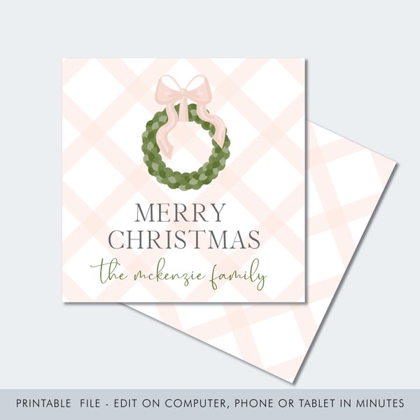 Editable Christmas Tag / Christmas Wreath Gift Tag / Gingham Christmas Tag / Personalized Christmas Tag / Pink Gingham Wreath Tag