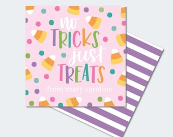May include: Pink printable Halloween treat bag with a candy corn pattern and the text "no TRICKS. just TREATS. from mary caroline".