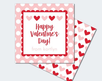 May include: Printable Valentine's Day card with a pink and white polka dot background and a red scalloped border. The card says "Happy Valentine's Day!" and "from kortlyn".