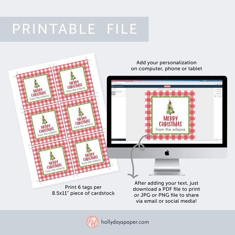 May include: Printable Christmas gift tags with a red and white gingham pattern and a green Christmas tree with ornaments. The tags say "Merry Christmas from the Wilsons".
