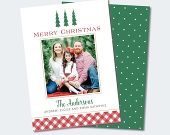 May include: A Christmas card with a red and white gingham pattern at the bottom. The top of the card has a white background with three green Christmas trees and the text "Merry Christmas". A photo of a family of three is in the center of the card. The text "The Andersons" is below the photo with the names "Andrew, Eloise and Emma Kathryne" below that.