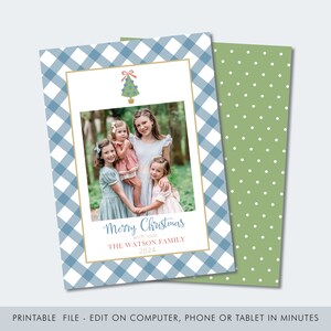 Bewerkbare afdrukbare kerstfotokaart / blauwe pastelboom kerstkaart / Buffalo Check Kerstmis / kerstboom gingham kerstkaart