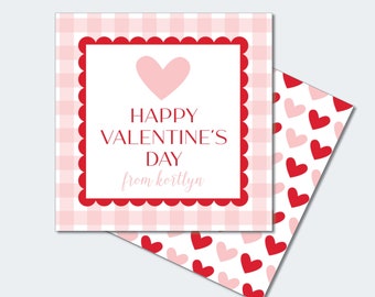 May include: Printable Valentine's Day card with a pink and white gingham background. The card has a red scalloped border and a pink heart in the center. The text on the card reads "Happy Valentine's Day from kortlyn".