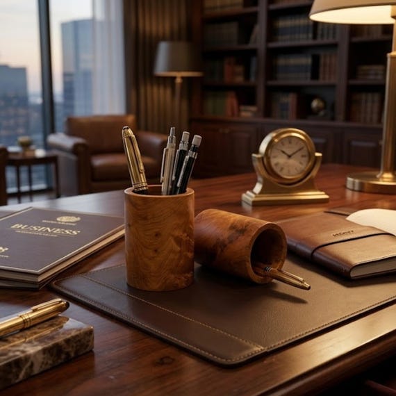 Hand-carved Moroccan thuya wood with its naturally swirling burl grain makes this pen holder genuinely one-of-a-kind — no two pieces look alike.