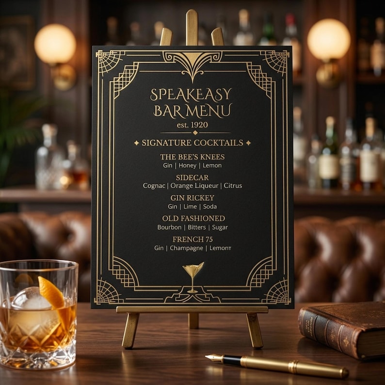 Speakeasy Bar Menu Template, Printable Art Deco Cocktail Sign ...