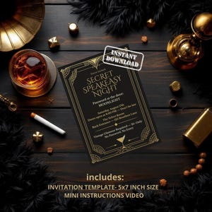 Geheime Speakeasy-uitnodigingssjabloon/jaren 1920 Gatsby-feestuitnodiging/bewerkbare canva/Roaring Twenties Vintage afdrukbare/themakostuumevenementen/feest